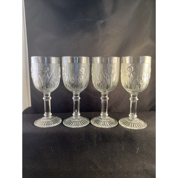 Set of 4 Depression Jeannette Iris & Herringbone Clear 4 1/4" Wine Goblet 4oz - Picture 1 of 6